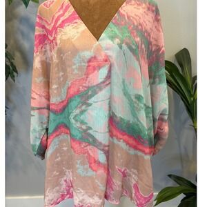 UMGEE USA Women's M Tie Dye Kimono Style Top Blouse Pink‎ Mint Tan